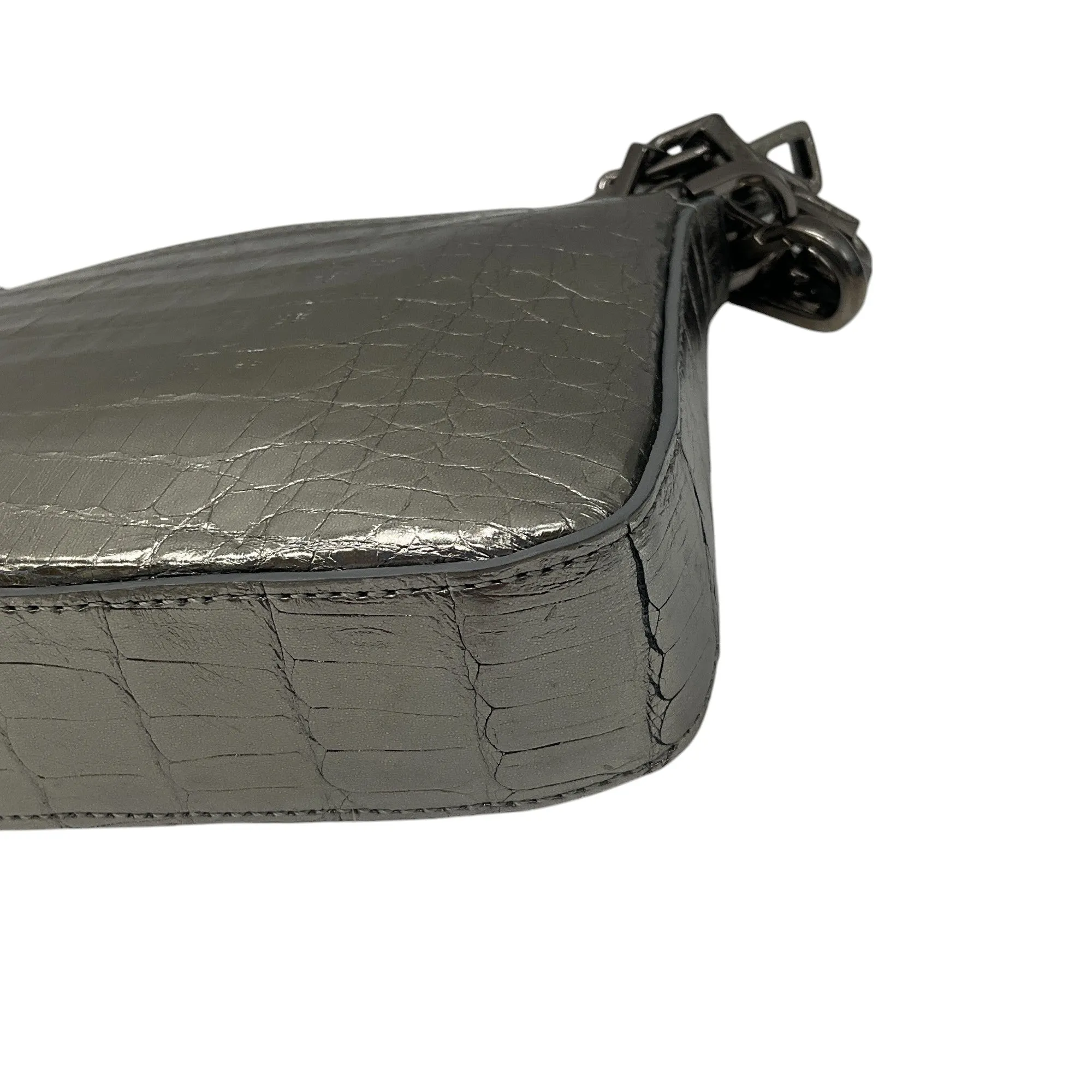 Maria Oliver Silver Metallic Genuine Crocodile Skin Leather Handbag