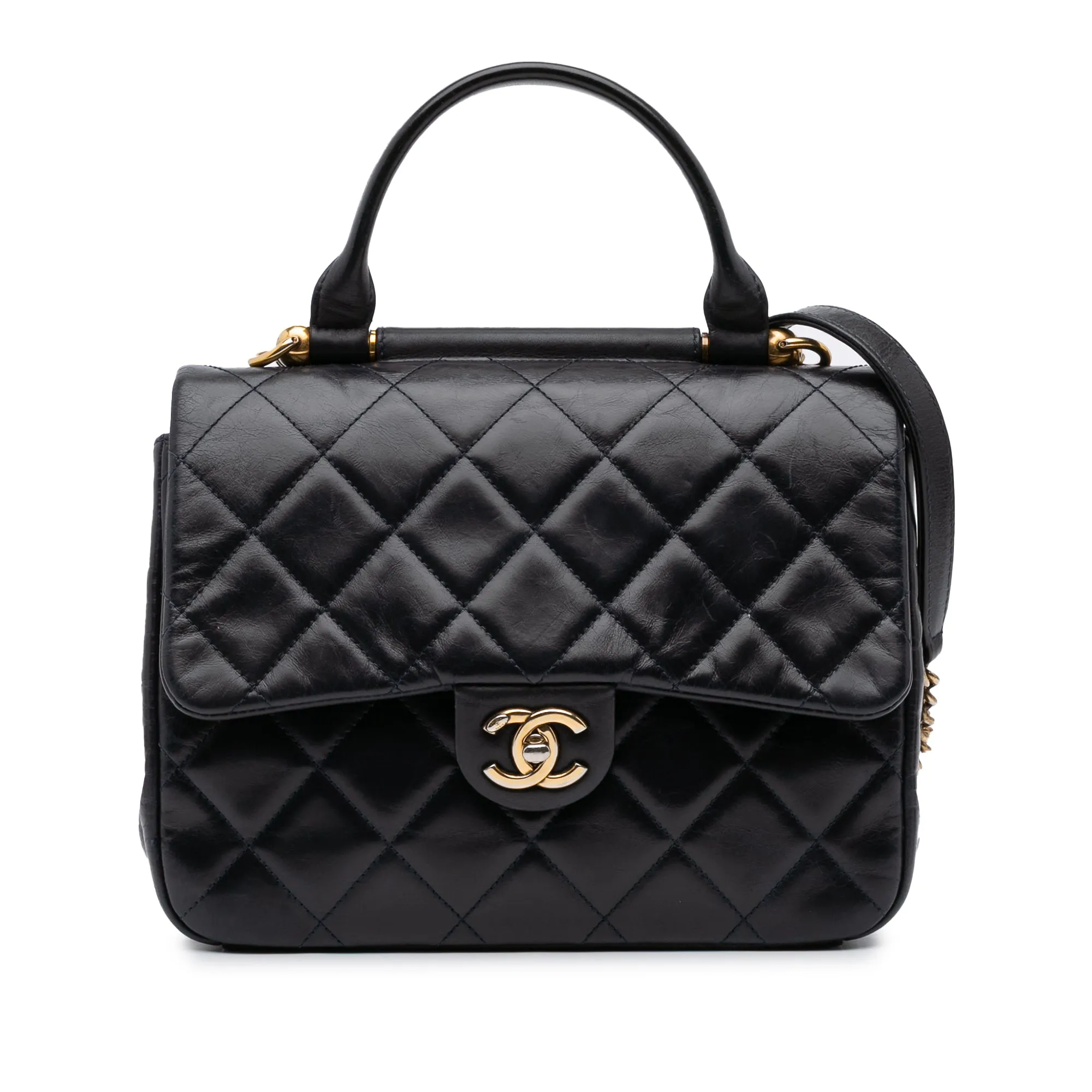 Medium Quilted Glazed Calfskin Gold Bar Top Handle Flap