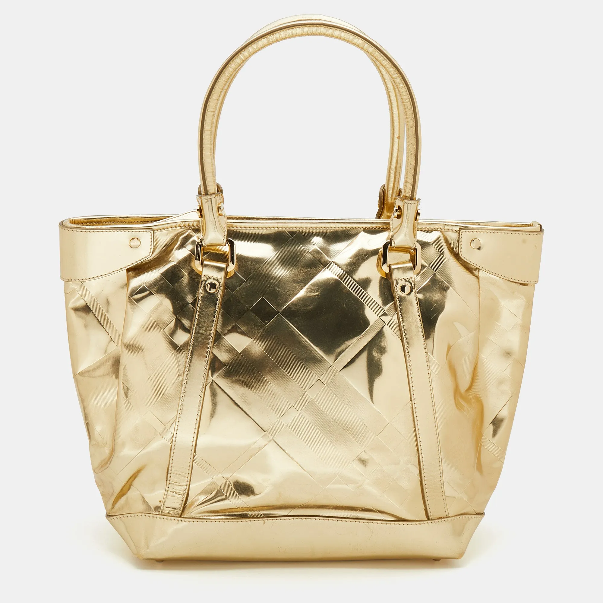 Metallic Gold Beat Check Mirror Patent Leather Ember Tote