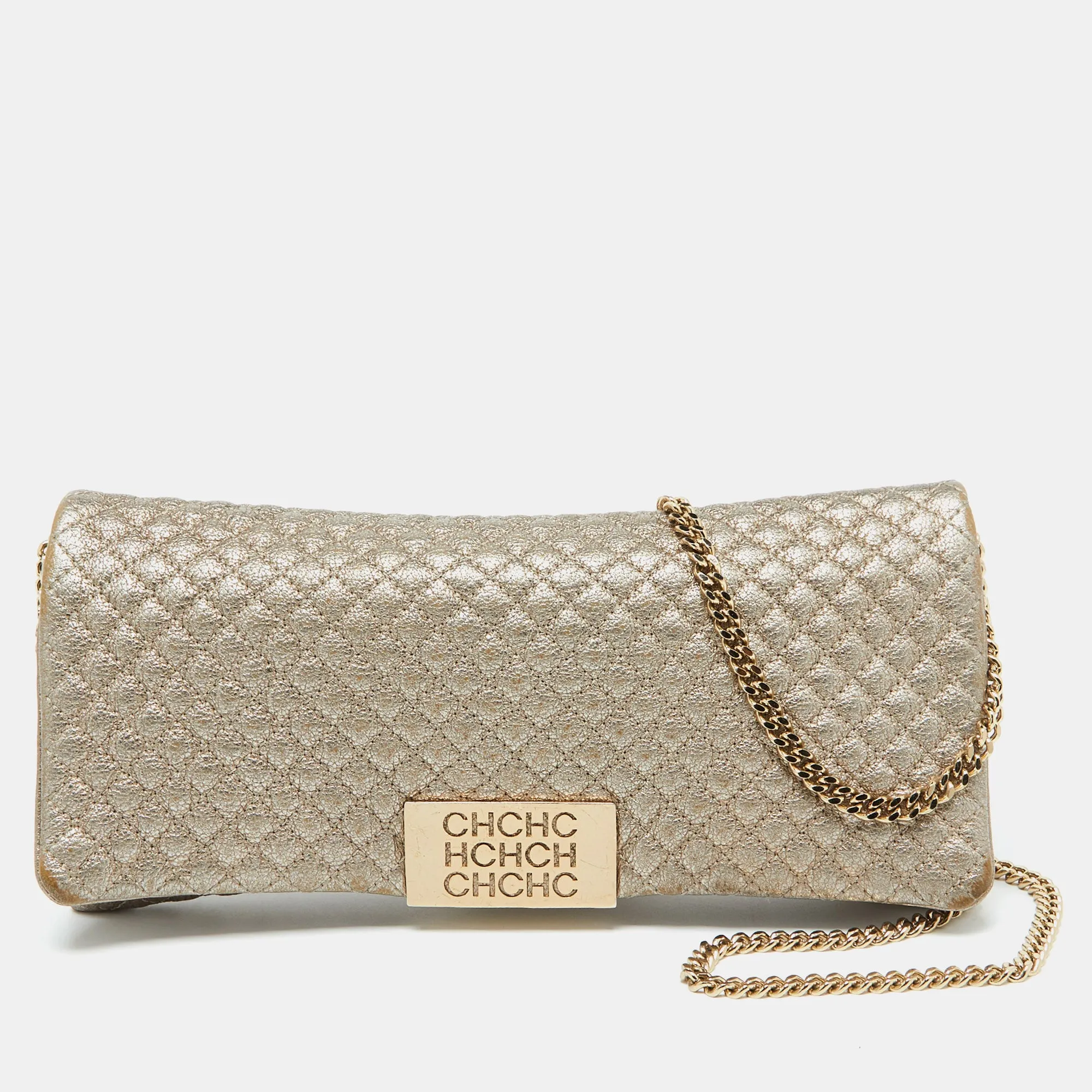 Metallic Gold Quilted Leather Flap Clutch