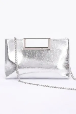 Metallic Leather Metal Handle Clutch