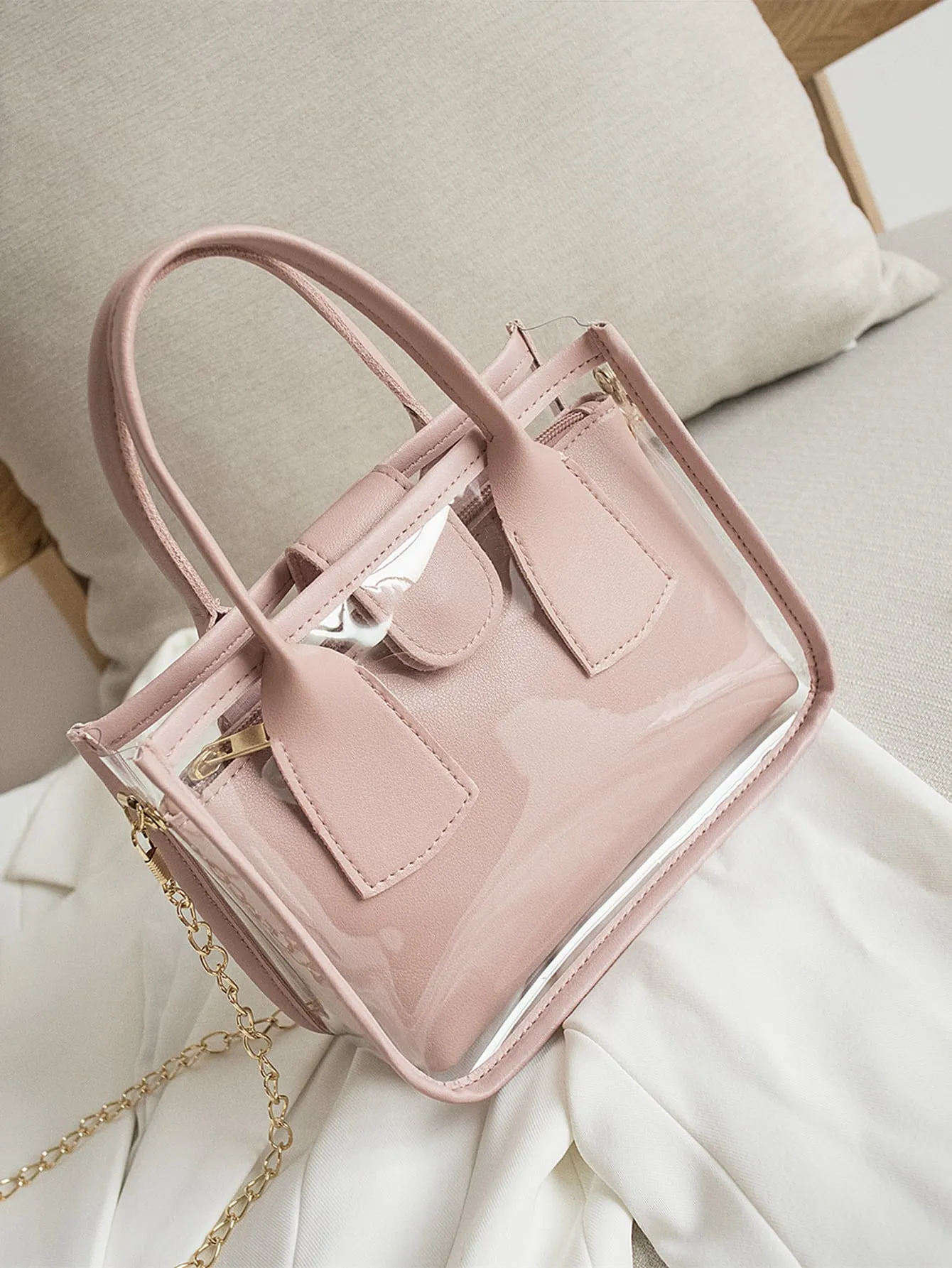 Mini Chain Square Bag With Inner Pouch  - Pink