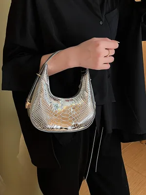 Mini Neon Crocodile Embossed Hobo Bag - Silver