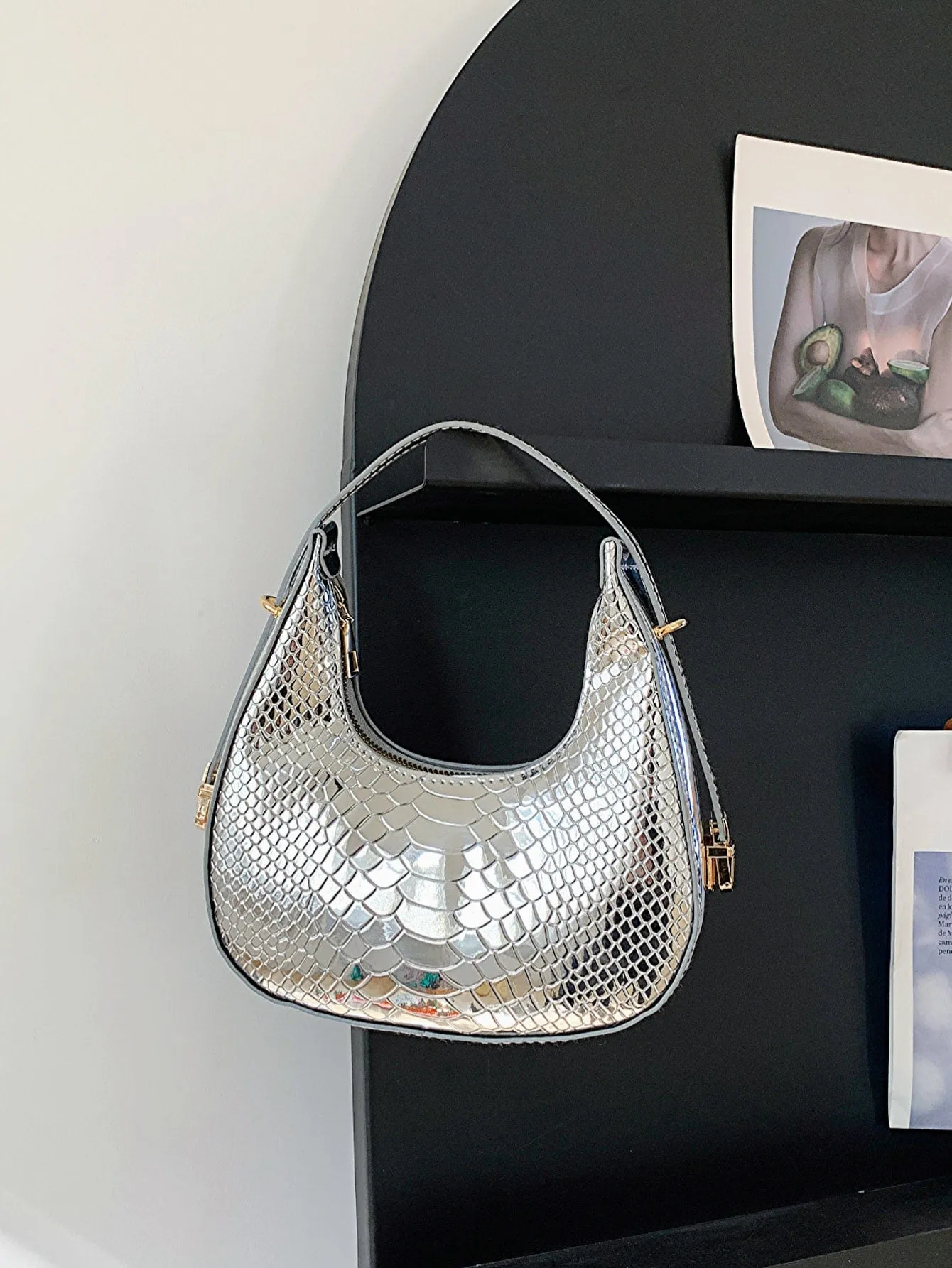 Mini Neon Crocodile Embossed Hobo Bag - Silver