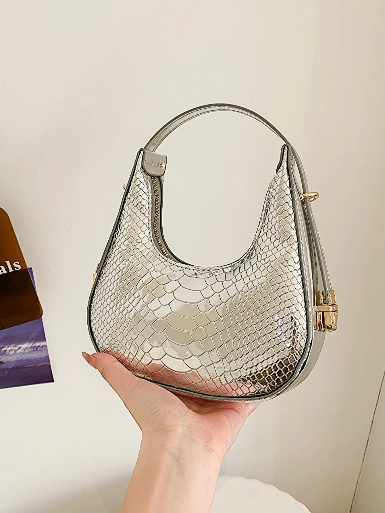 Mini Neon Crocodile Embossed Hobo Bag - Silver