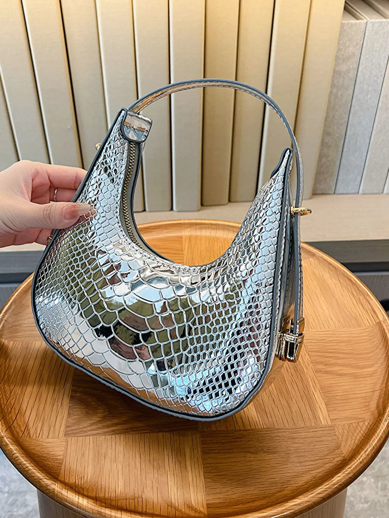 Mini Neon Crocodile Embossed Hobo Bag - Silver