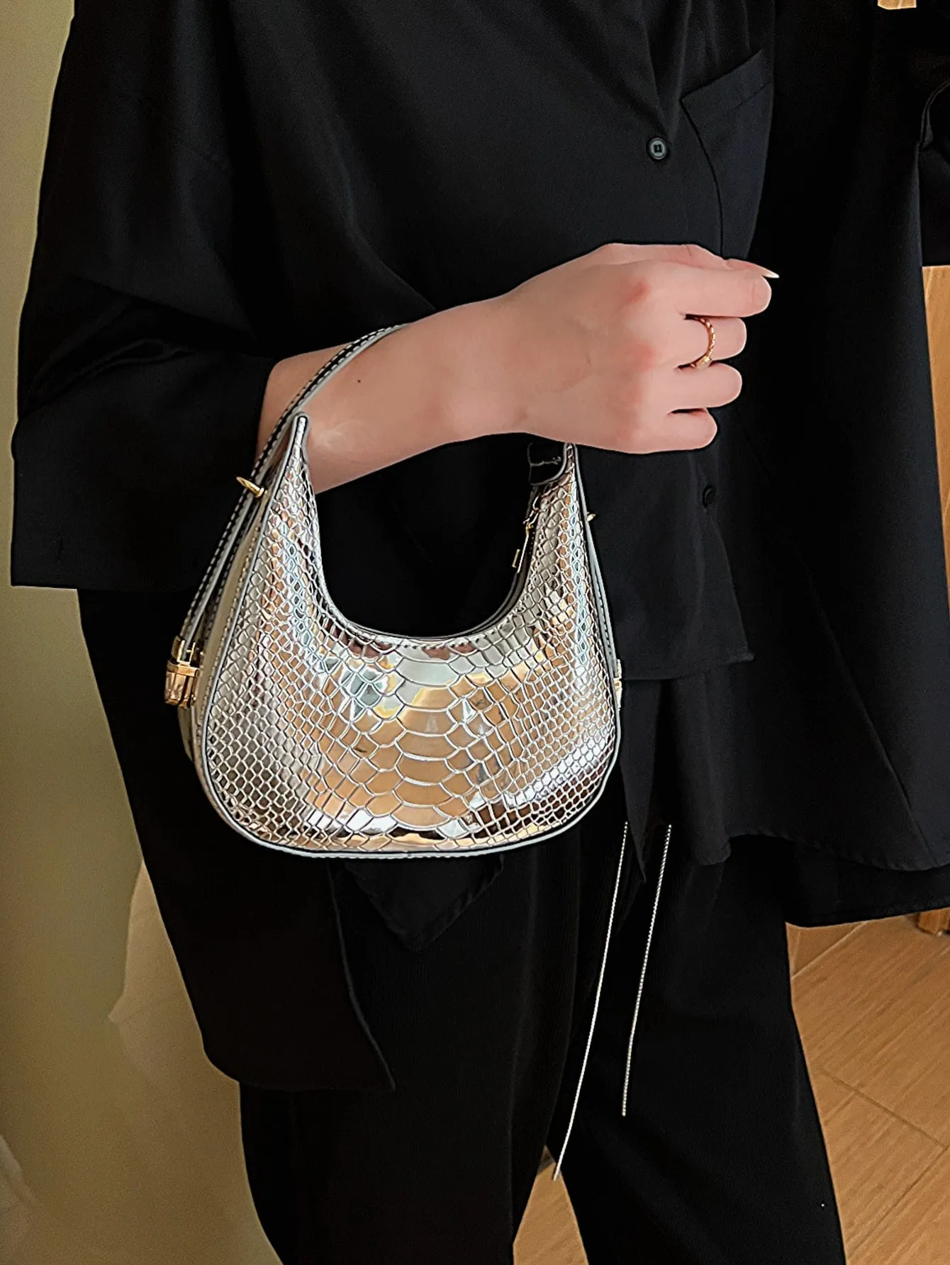 Mini Neon Crocodile Embossed Hobo Bag - Silver