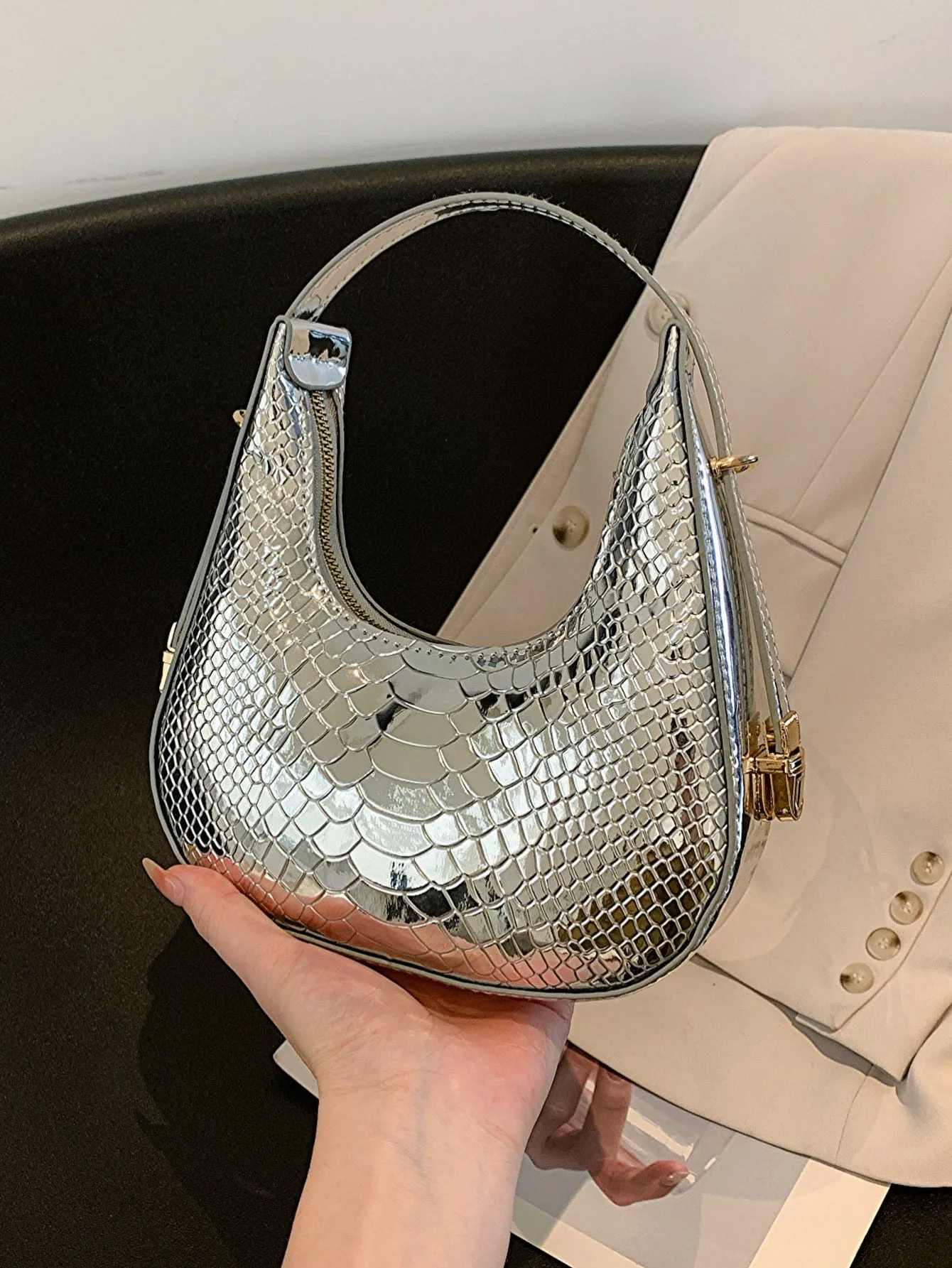 Mini Neon Crocodile Embossed Hobo Bag - Silver