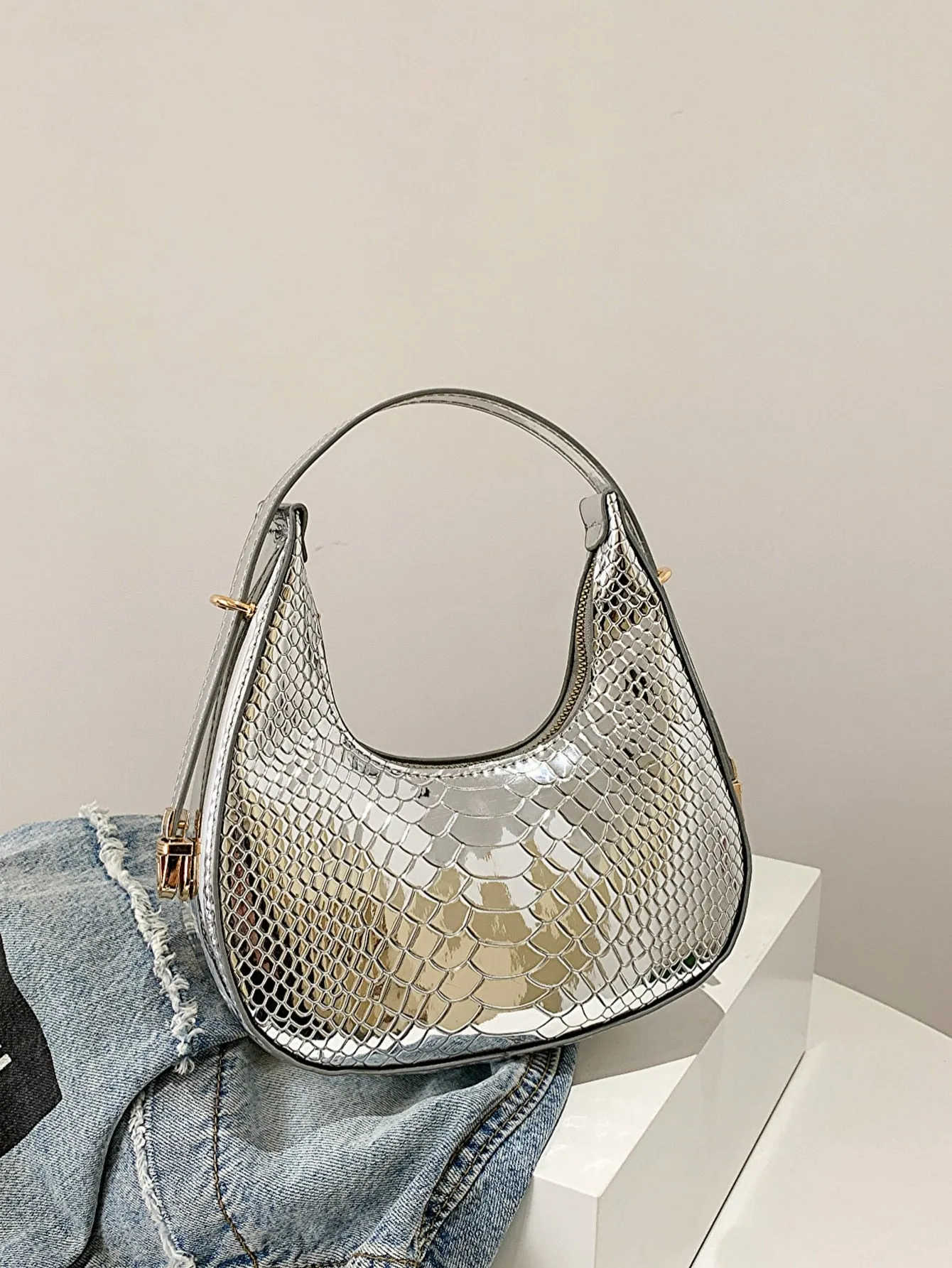 Mini Neon Crocodile Embossed Hobo Bag - Silver