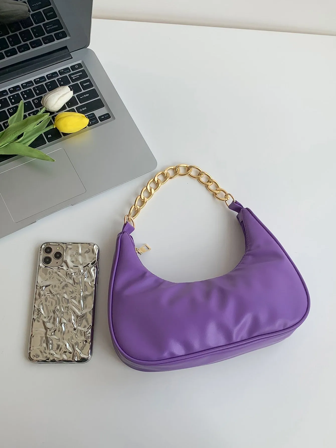 Minimalist Chain Hobo Bag - Purple
