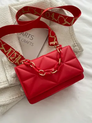 Minimalist Embossed Chain Satchel Bag - Red