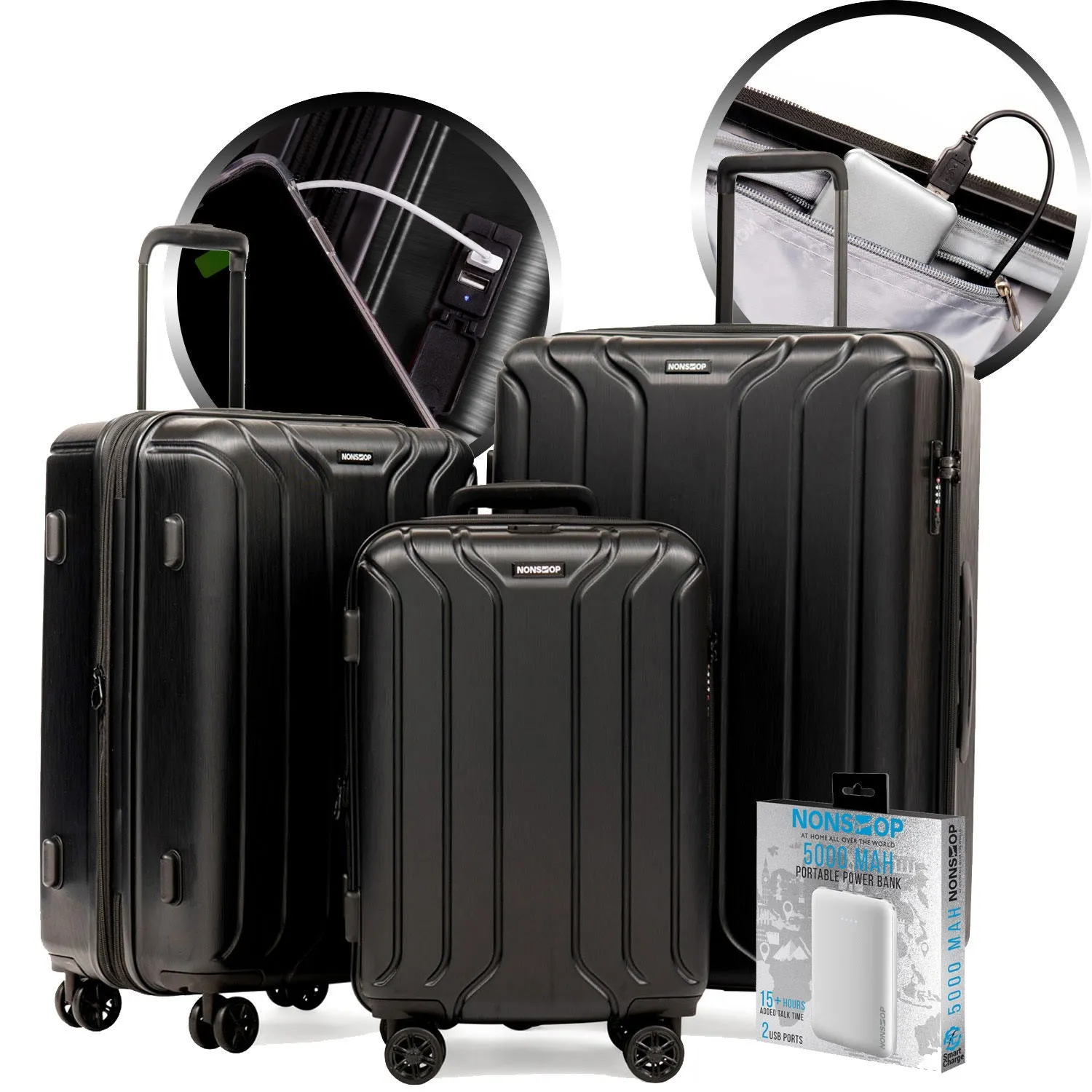 NEW YORK 3 Piece Set (20"/24"/28") 4-Wheel Luggage Set   PowerBank & 2 packing cubes