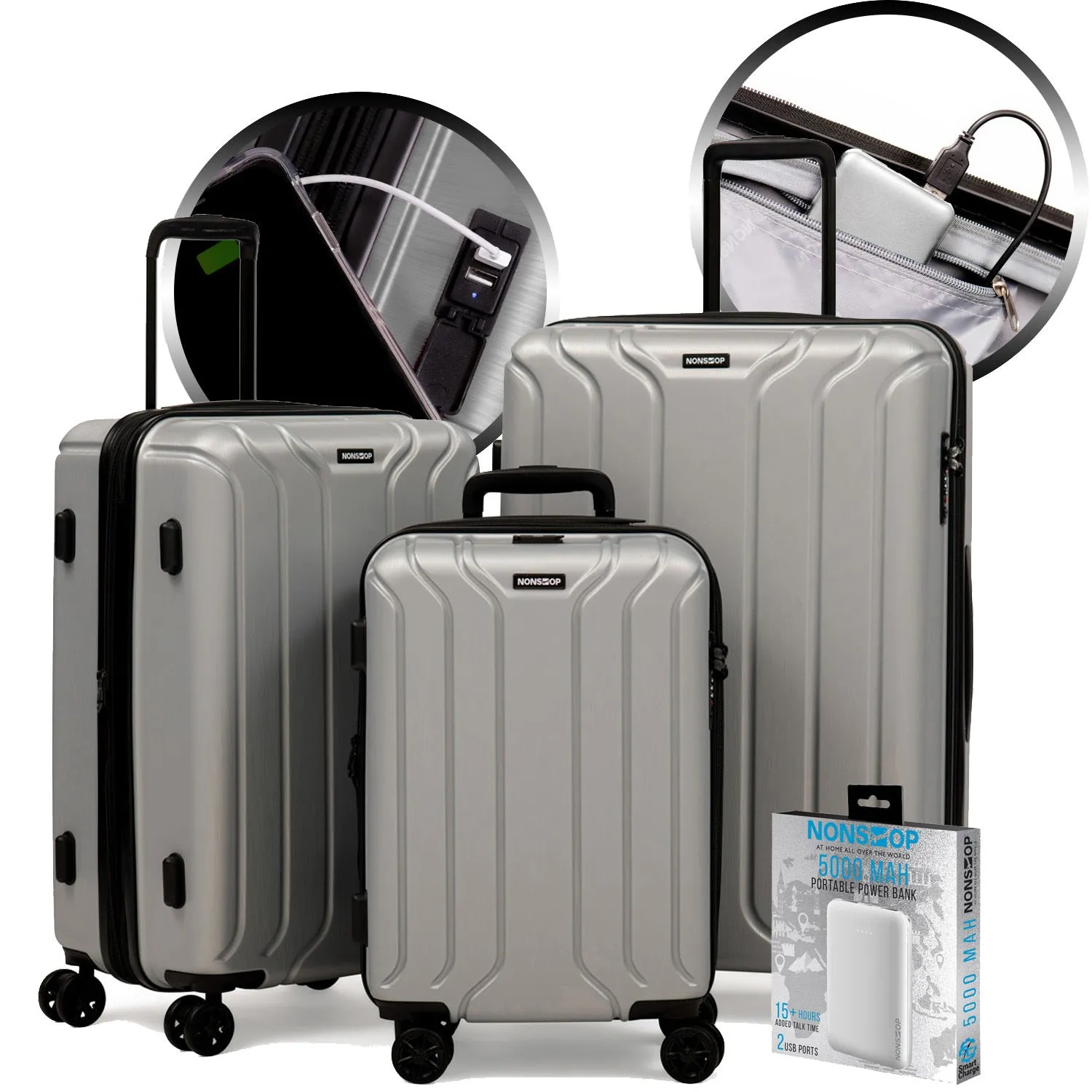 NEW YORK 3 Piece Set (20"/24"/28") 4-Wheel Luggage Set   PowerBank & 2 packing cubes