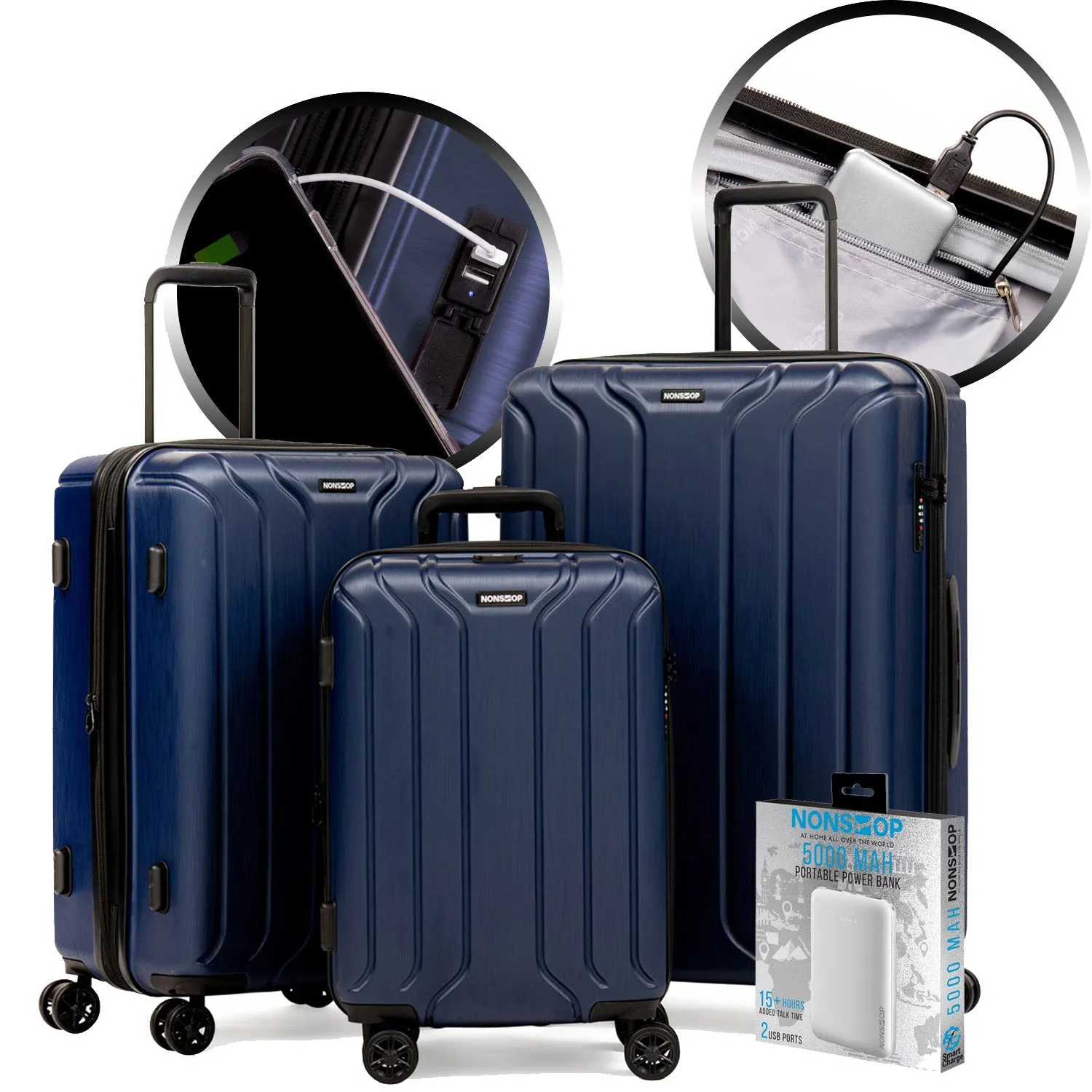 NEW YORK 3 Piece Set (20"/24"/28") 4-Wheel Luggage Set   PowerBank & 2 packing cubes