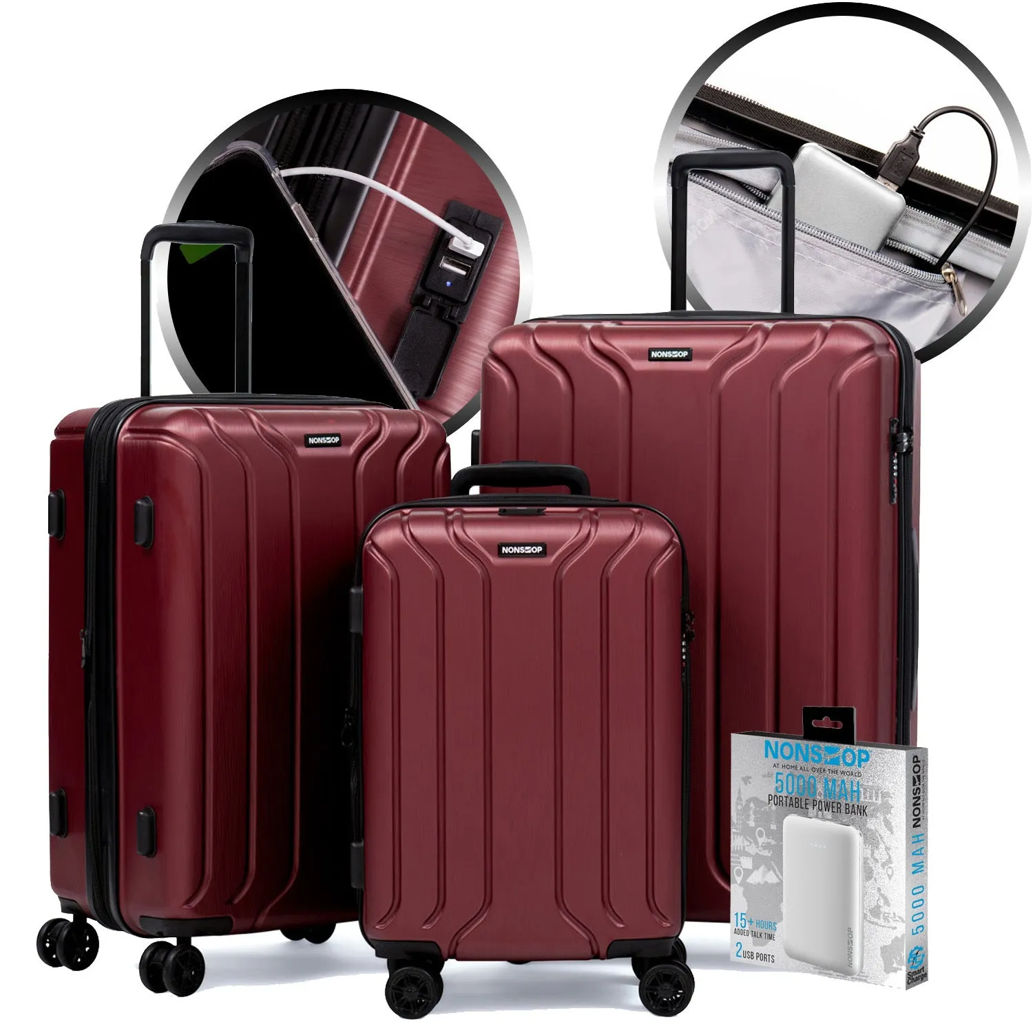 NEW YORK 3 Piece Set (20"/24"/28") 4-Wheel Luggage Set   PowerBank & 2 packing cubes