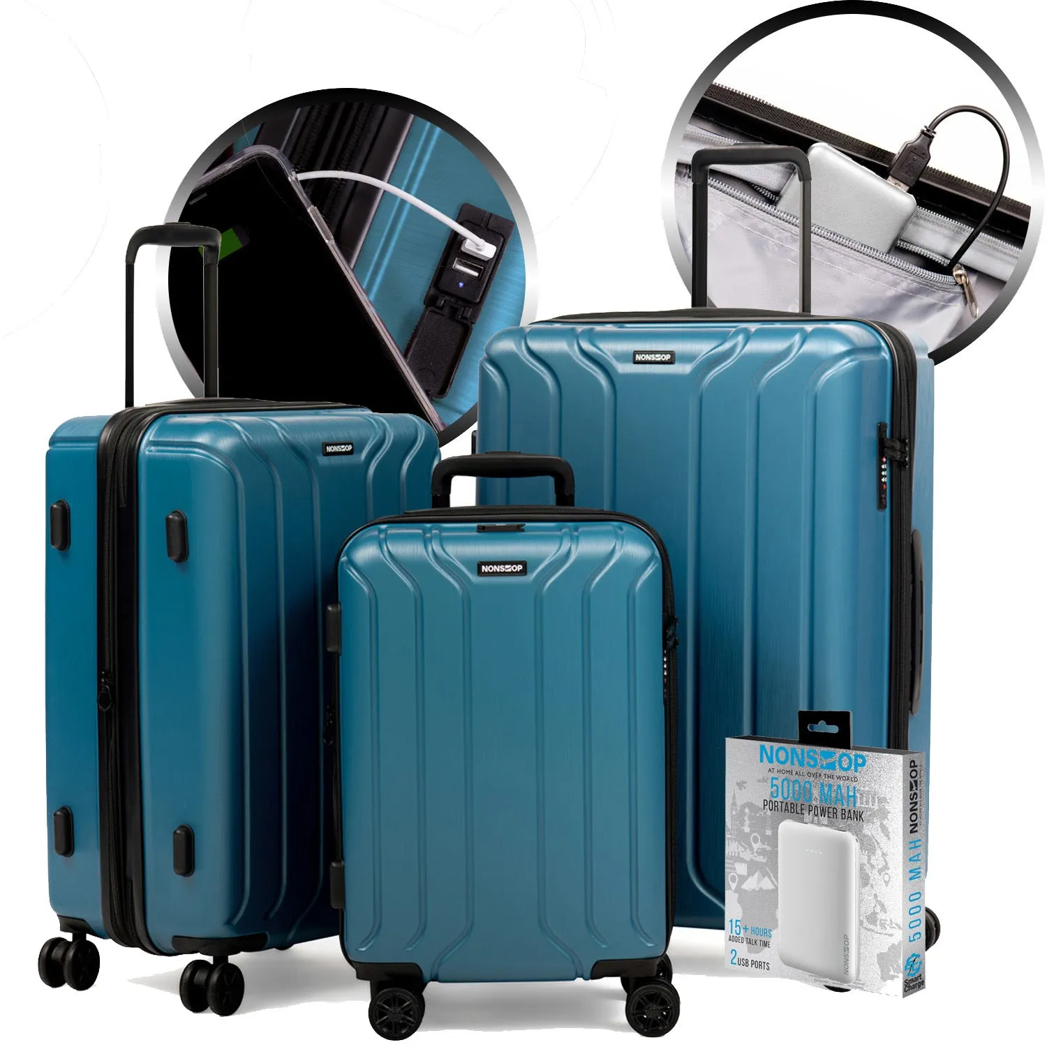 NEW YORK 3 Piece Set (20"/24"/28") 4-Wheel Luggage Set   PowerBank & 2 packing cubes
