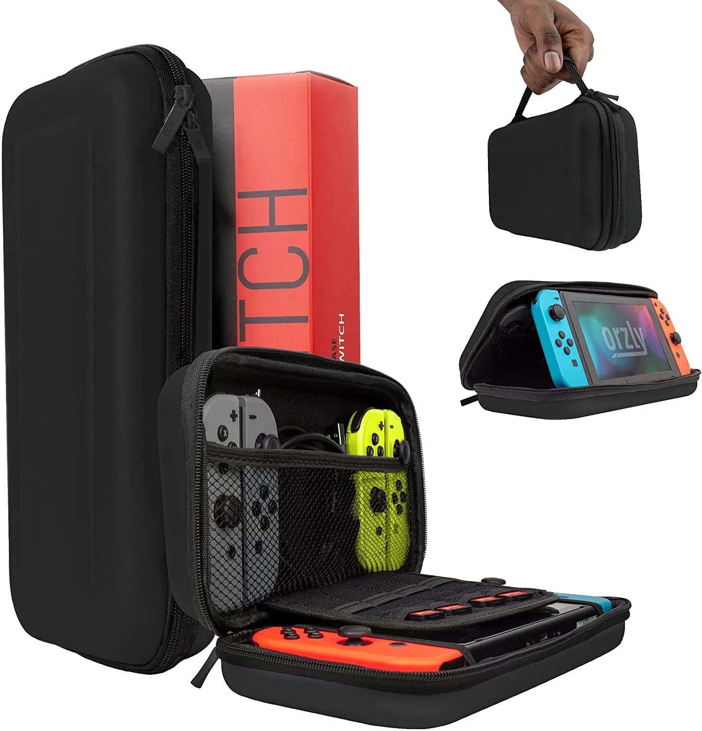 Orzly Carry Case Compatible with Nintendo Switch and New Switch OLED Console - Black - Protective Hard Portable Travel Carry Case Shell. Pouch with Pockets for Accessories and Games