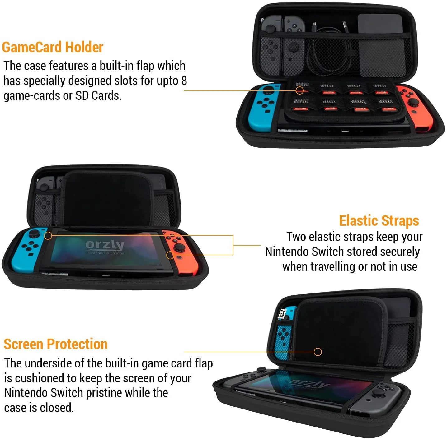 Orzly Carry Case Compatible with Nintendo Switch and New Switch OLED Console - Black - Protective Hard Portable Travel Carry Case Shell. Pouch with Pockets for Accessories and Games