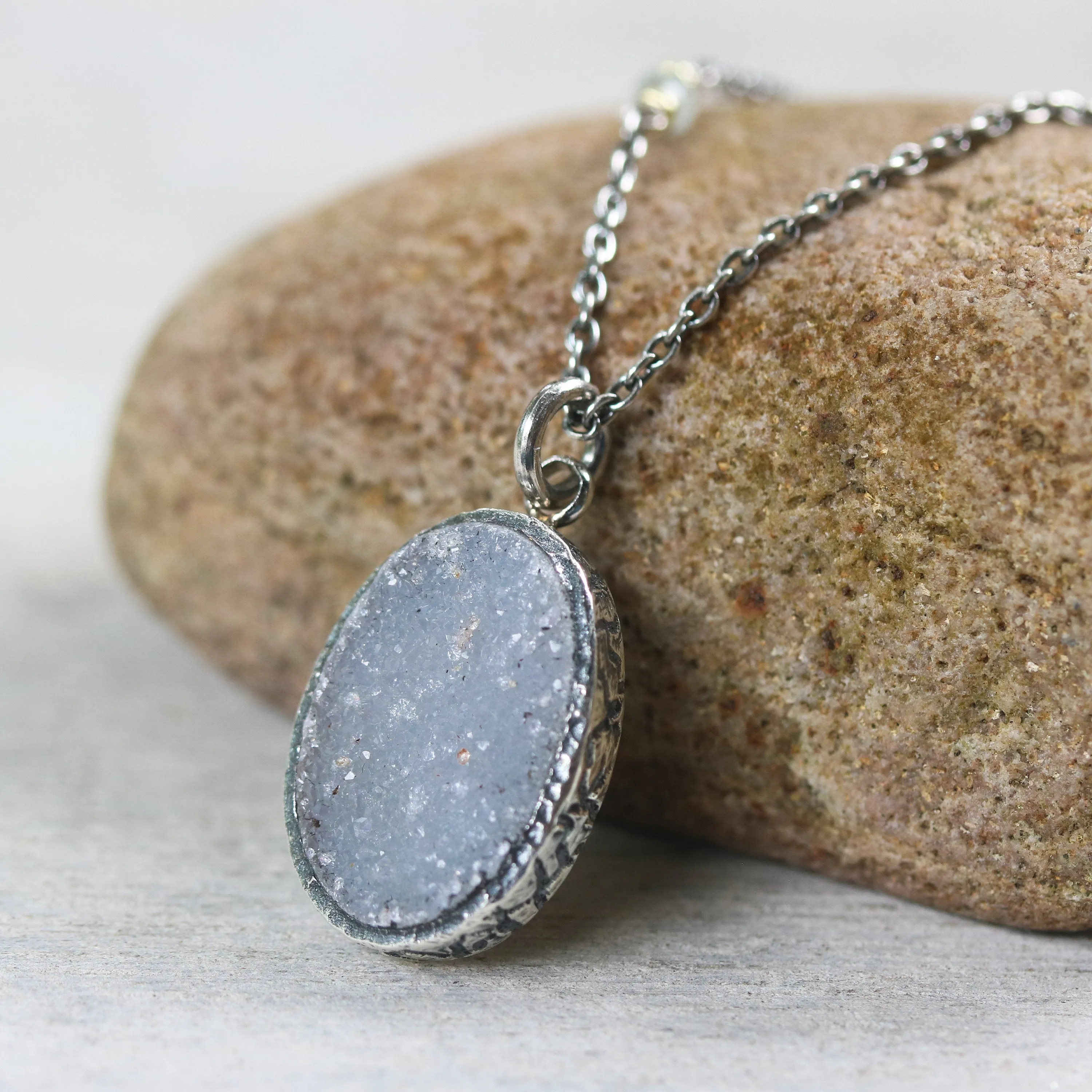Oval grey Druzy pendant necklace in silver bezel setting with aquamarine beads secondary on sterling silver chain