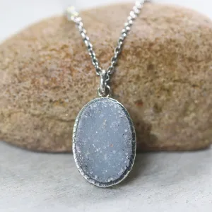 Oval grey Druzy pendant necklace in silver bezel setting with aquamarine beads secondary on sterling silver chain
