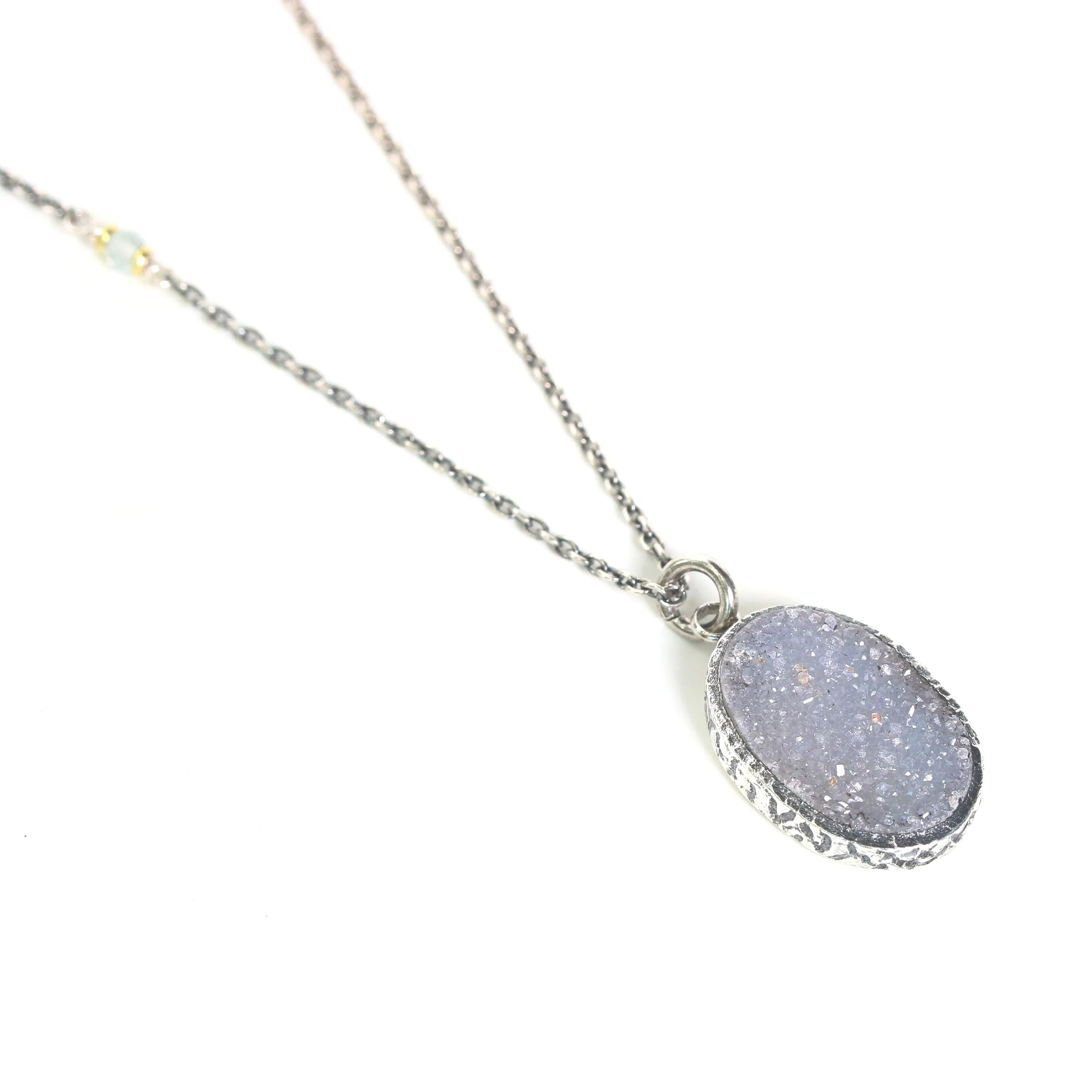 Oval grey Druzy pendant necklace in silver bezel setting with aquamarine beads secondary on sterling silver chain