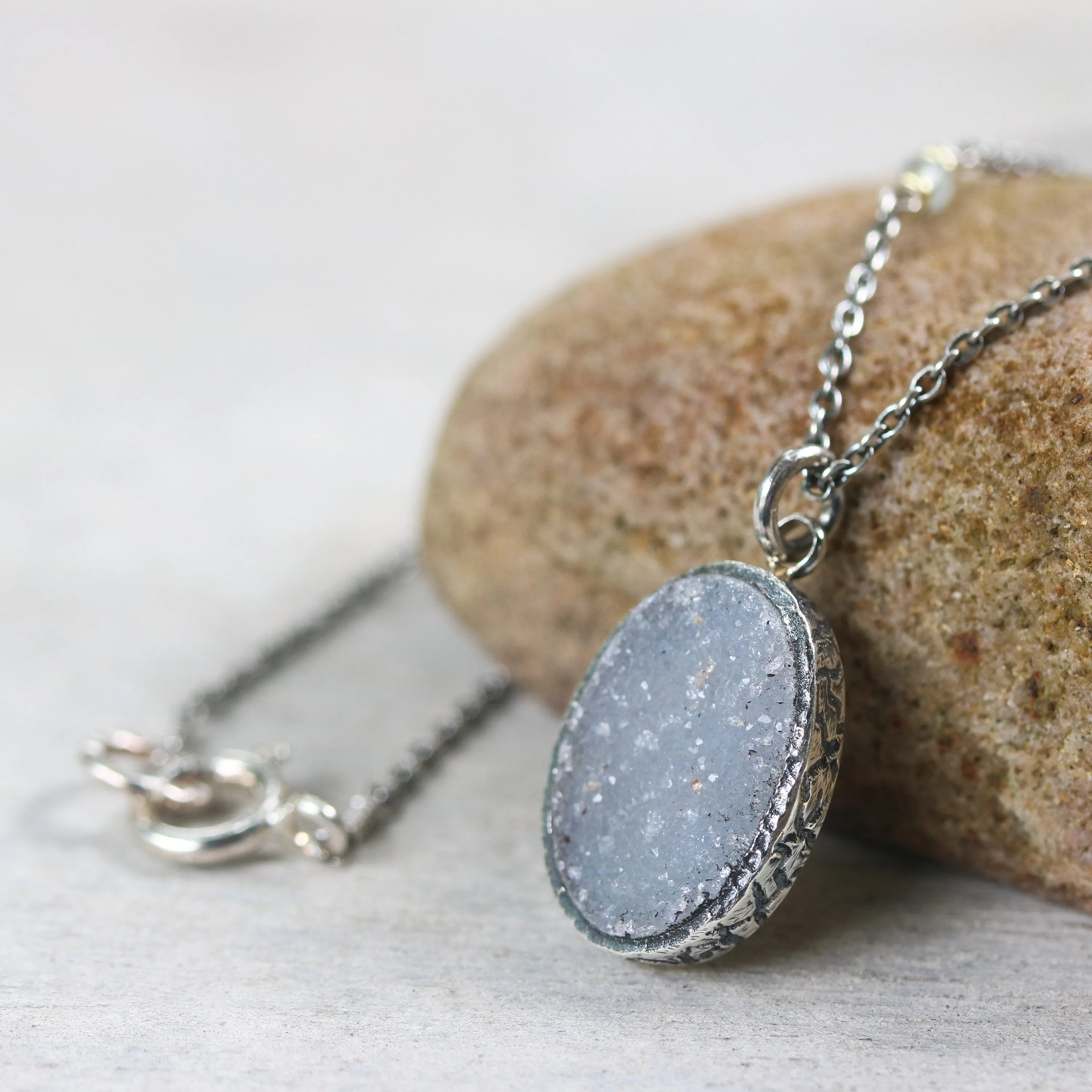 Oval grey Druzy pendant necklace in silver bezel setting with aquamarine beads secondary on sterling silver chain