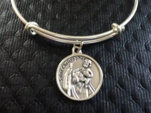 Patron Saint of Traveler Saint Christopher Medal with Prayer Silver Expandable Bangle Double Sided Adjustable Bracelet Silver Wire Bangle