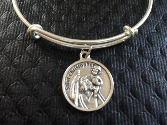 Patron Saint of Traveler Saint Christopher Medal with Prayer Silver Expandable Bangle Double Sided Adjustable Bracelet Silver Wire Bangle