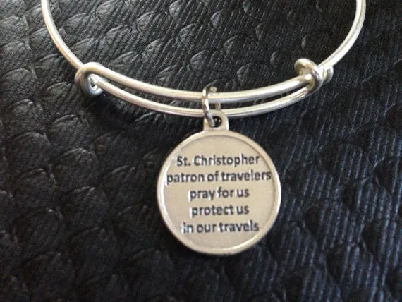 Patron Saint of Traveler Saint Christopher Medal with Prayer Silver Expandable Bangle Double Sided Adjustable Bracelet Silver Wire Bangle