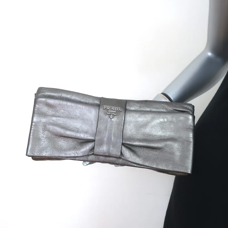 Prada Bow Clutch Pewter Metallic Leather