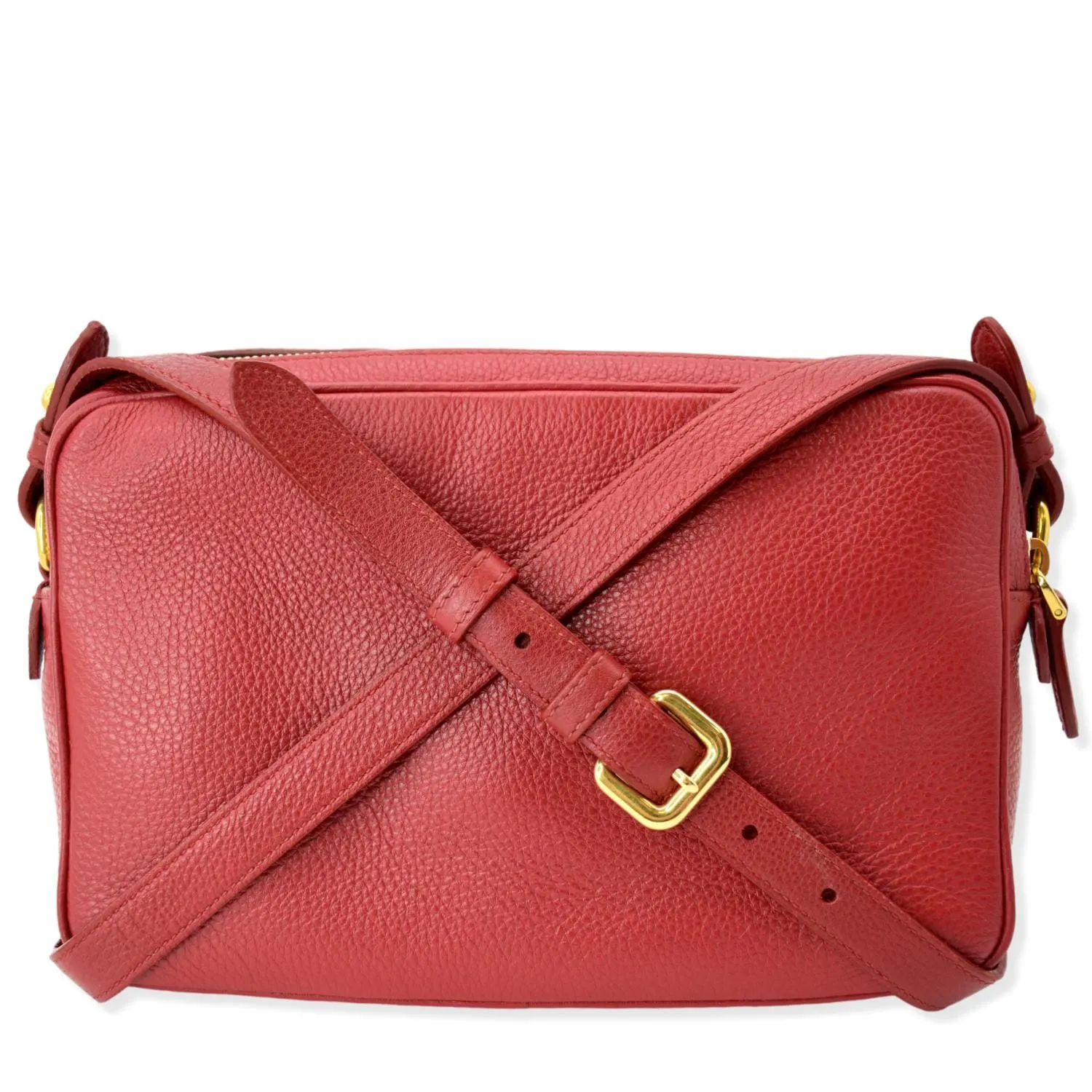 PRADA Double Zip Camera Leather Shoulder Bag Red