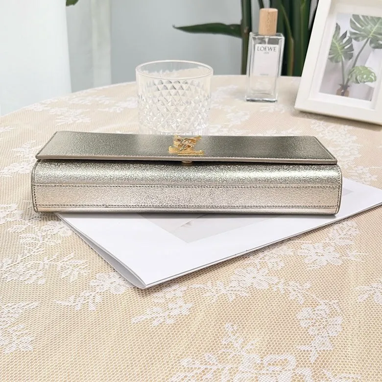 Pre-loved YSL Silver Metallic Leather Clutch Bag