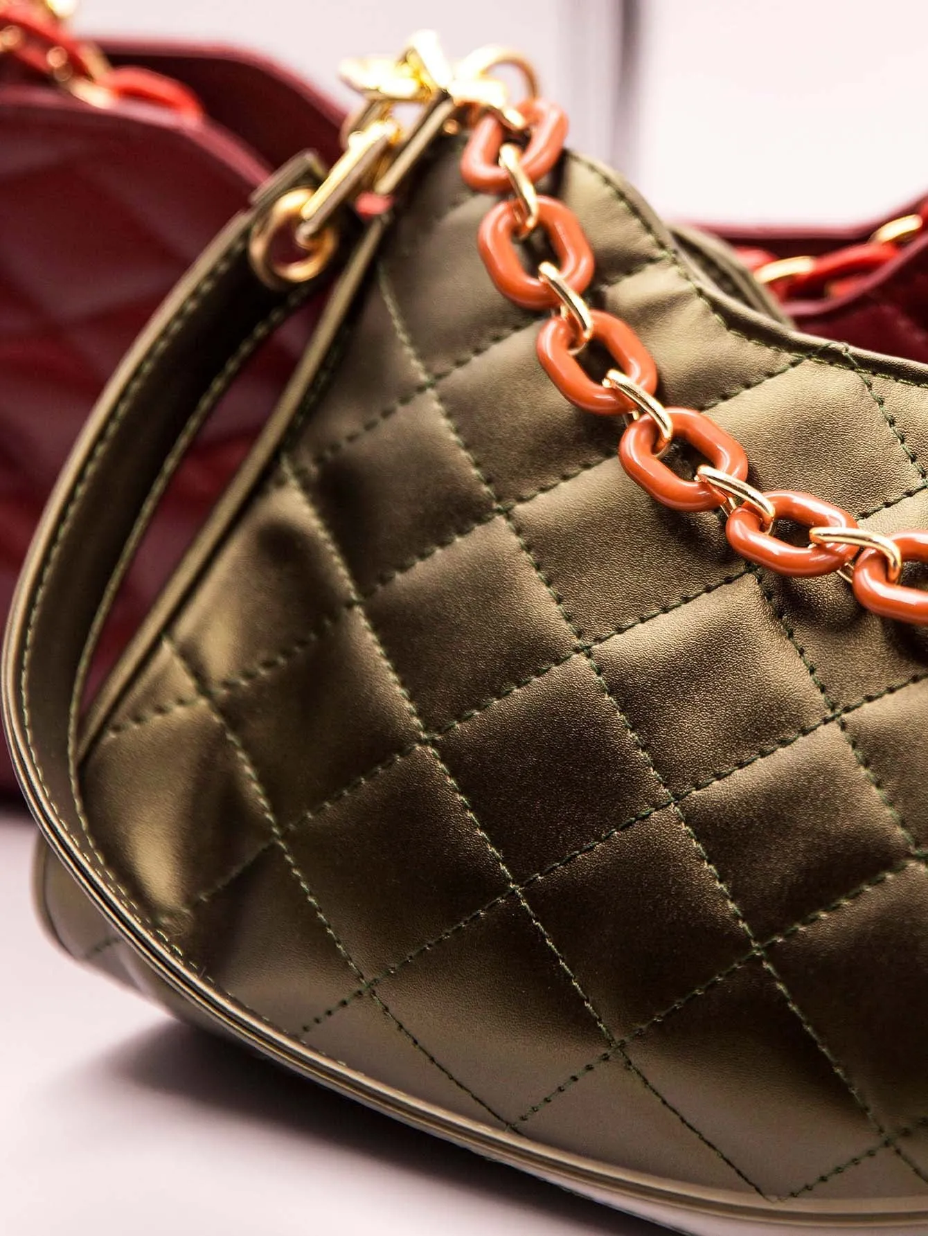 Quilted Chain Decor Baguette Bag - Olive Green - FD ⚡