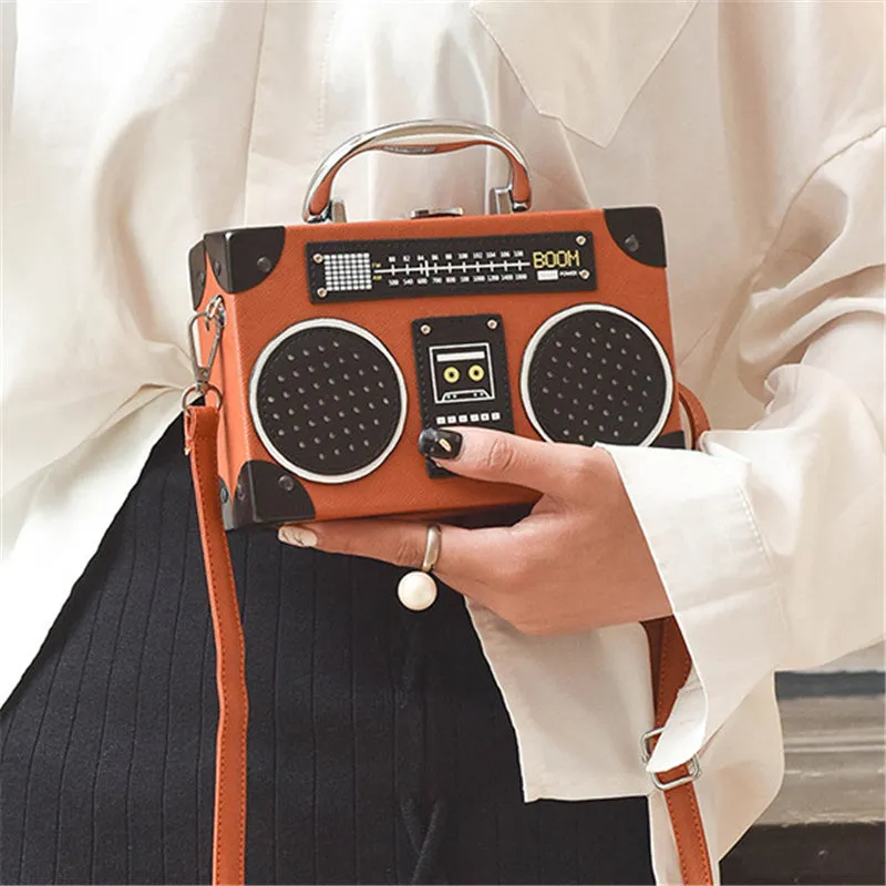 "RETRO FM RADIO" HARD SHELL METAL HANDLE CROSSBODY BAG K110504