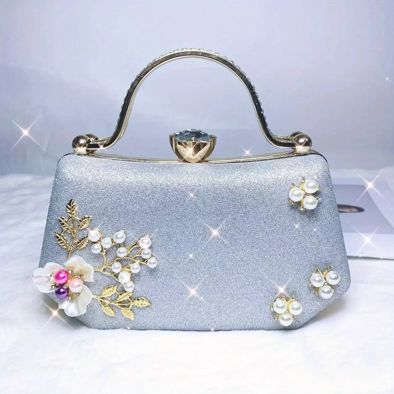 realaiot Glitter Faux Pearl Decor Evening Bag, Elegant Top Ring Clutch Purse, Women's Handbags For Wedding Bridal Party Prom