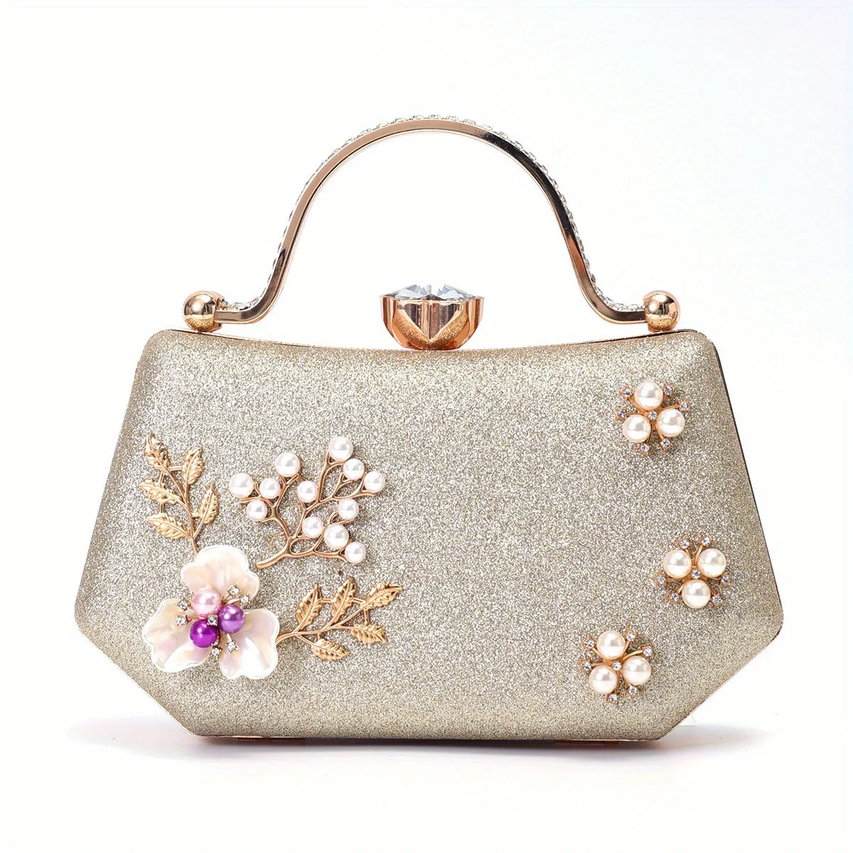 realaiot Glitter Faux Pearl Decor Evening Bag, Elegant Top Ring Clutch Purse, Women's Handbags For Wedding Bridal Party Prom