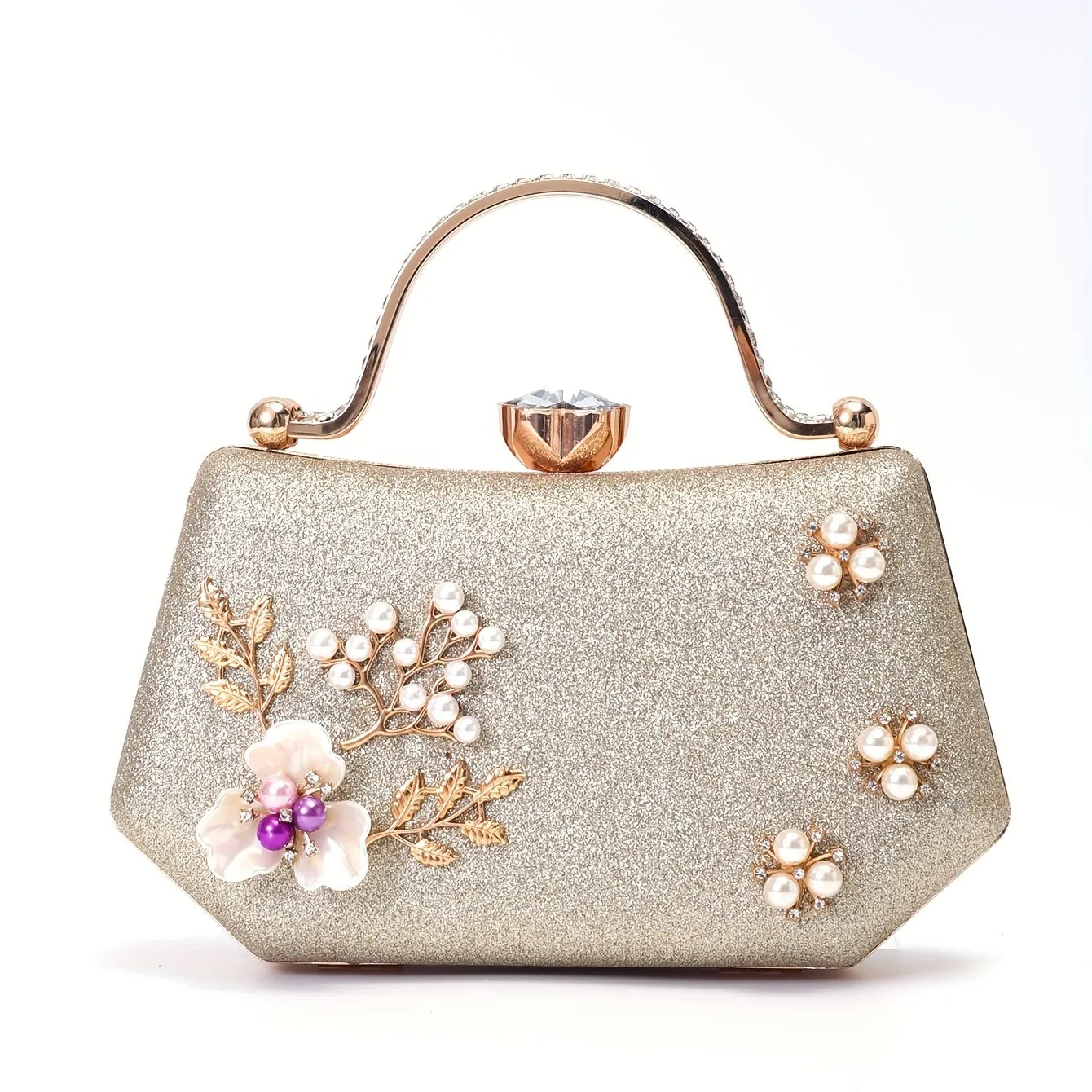 realaiot Glitter Faux Pearl Decor Evening Bag, Elegant Top Ring Clutch Purse, Women's Handbags For Wedding Bridal Party Prom