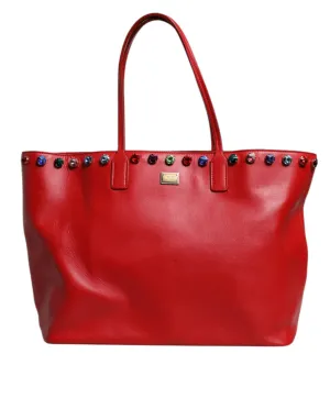 Red Leather Crystal DG Logo FEFE Shoulder Tote Bag