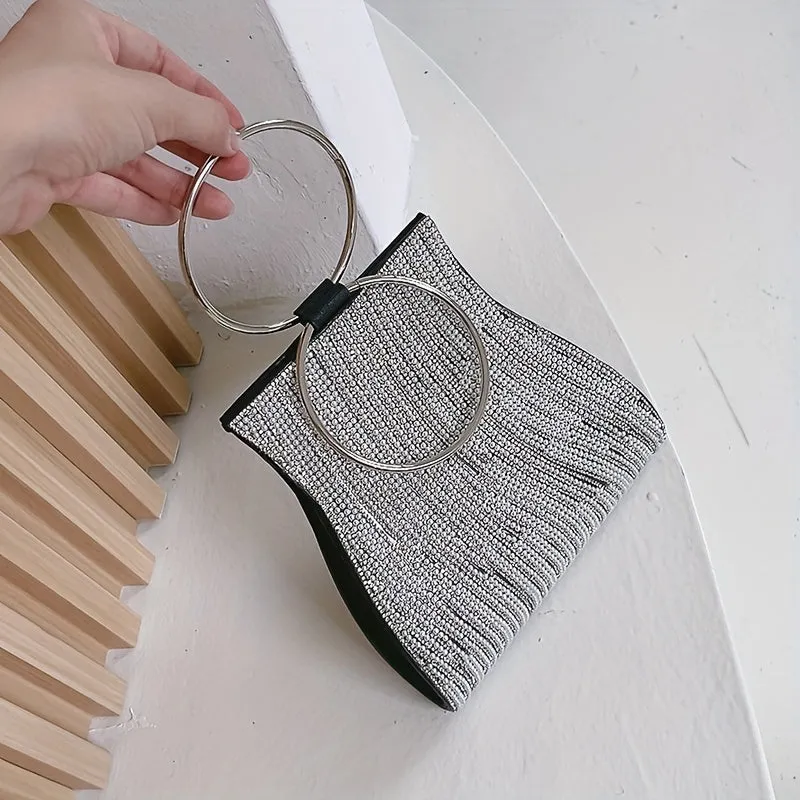 Rhinestone & Faux Pearl Evening Bag, Elegant Top Ring Clutch Purse, Women's Wedding Handbags For Party Prom