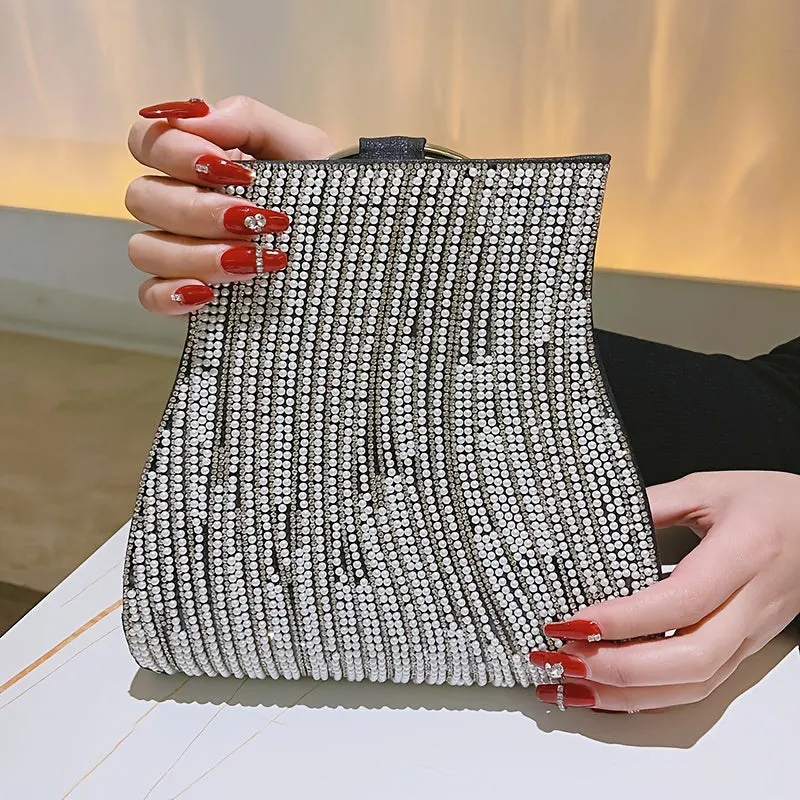 Rhinestone & Faux Pearl Evening Bag, Elegant Top Ring Clutch Purse, Women's Wedding Handbags For Party Prom