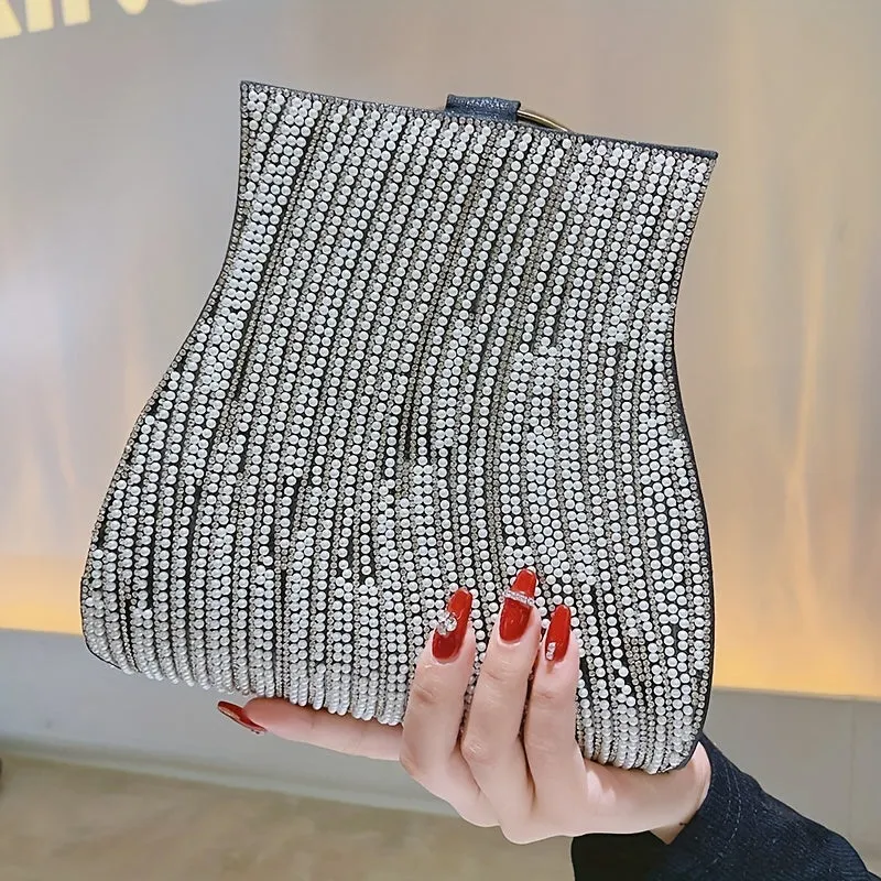 Rhinestone & Faux Pearl Evening Bag, Elegant Top Ring Clutch Purse, Women's Wedding Handbags For Party Prom