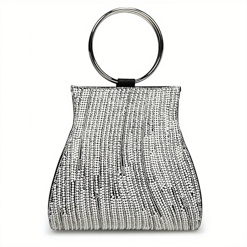 Rhinestone & Faux Pearl Evening Bag, Elegant Top Ring Clutch Purse, Women's Wedding Handbags For Party Prom