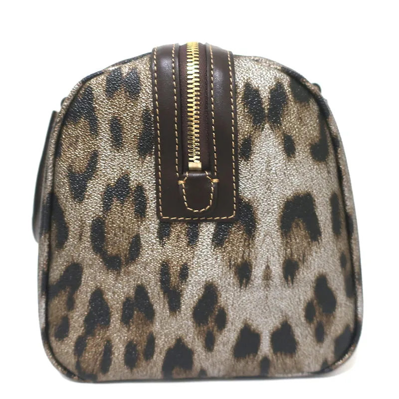Roberto Cavalli Boston Bag Brown/Gold Metallic Leopard Print Coated Canvas NEW