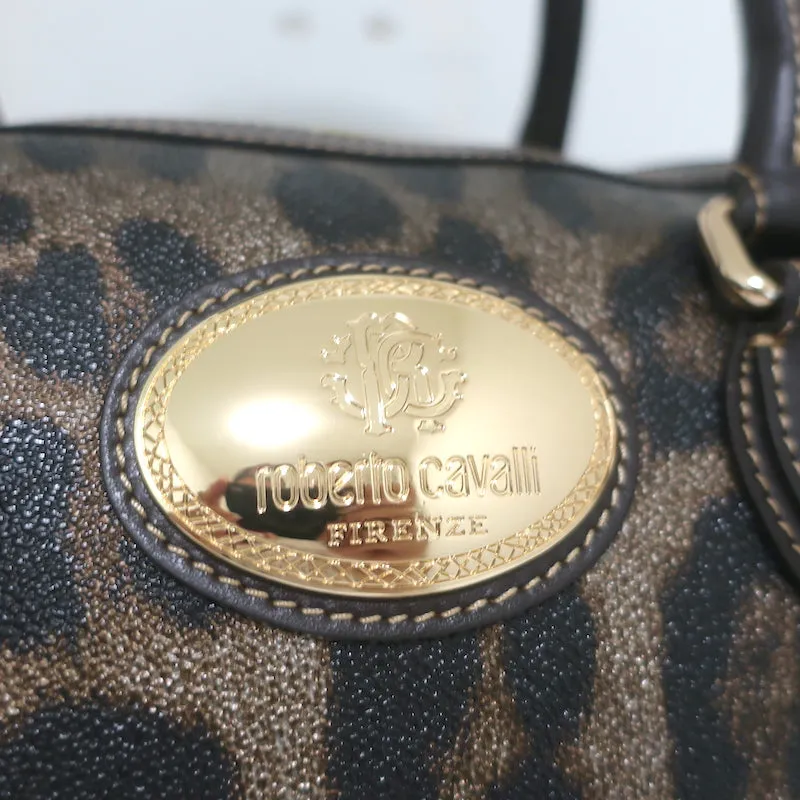 Roberto Cavalli Boston Bag Brown/Gold Metallic Leopard Print Coated Canvas NEW