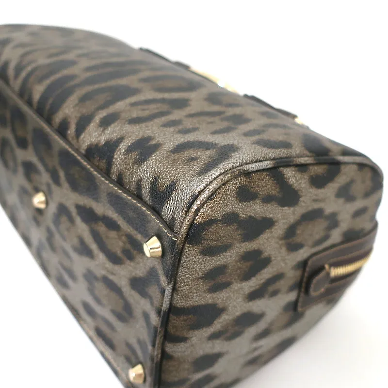 Roberto Cavalli Boston Bag Brown/Gold Metallic Leopard Print Coated Canvas NEW