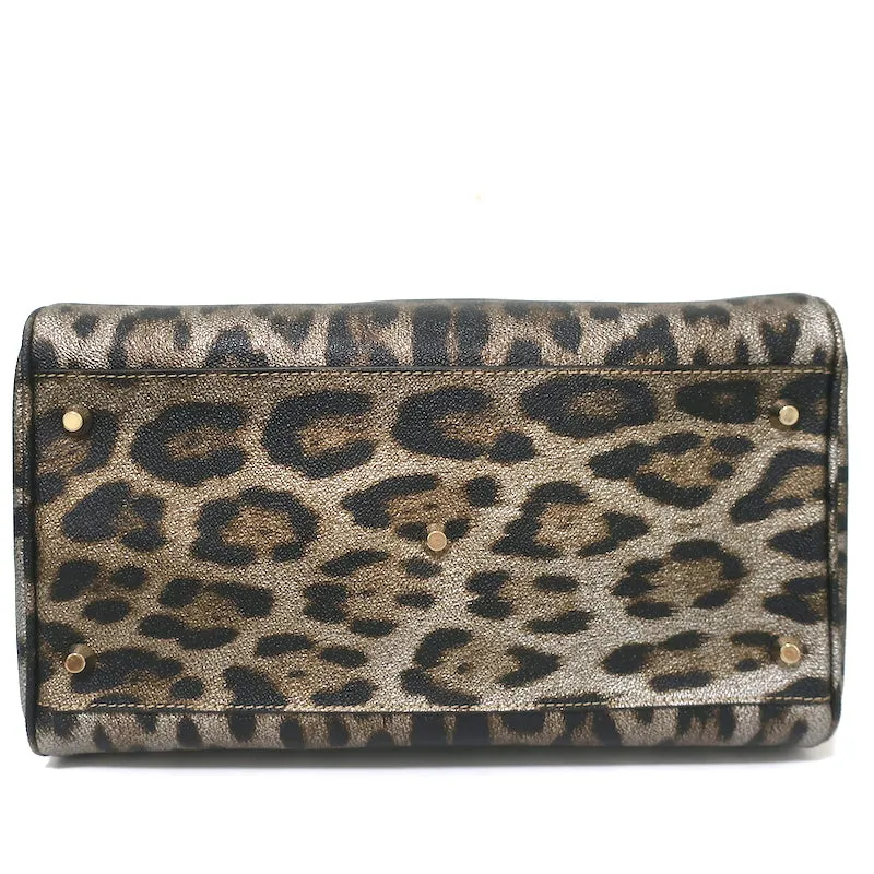 Roberto Cavalli Boston Bag Brown/Gold Metallic Leopard Print Coated Canvas NEW