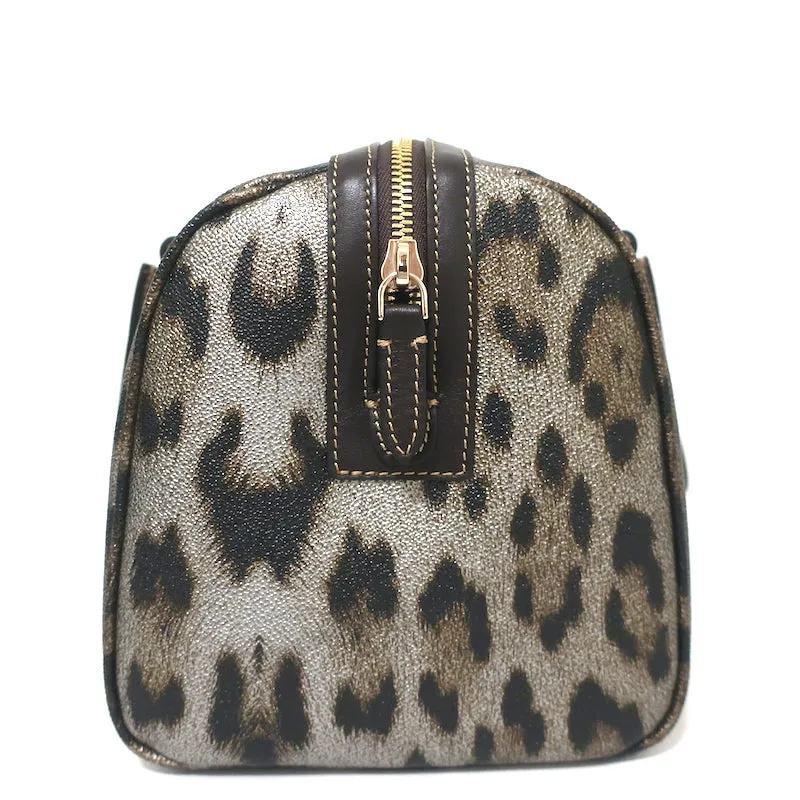 Roberto Cavalli Boston Bag Brown/Gold Metallic Leopard Print Coated Canvas NEW