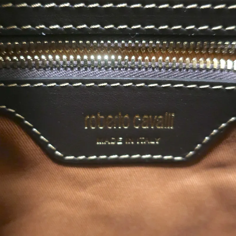 Roberto Cavalli Boston Bag Brown/Gold Metallic Leopard Print Coated Canvas NEW