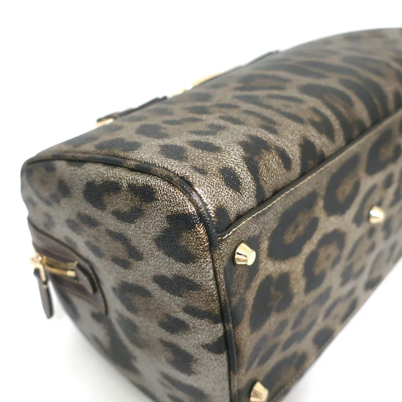 Roberto Cavalli Boston Bag Brown/Gold Metallic Leopard Print Coated Canvas NEW