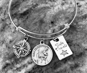 Saint Christopher Expandable Charm Bracelet Silver Adjustable Wire Bangle Patron of Travel